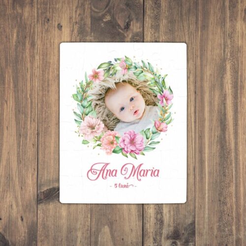 Puzzle Personalizat pentru copii - 30 de piese, 19x24 cm, o poza cu rama de flori si text, PZ019