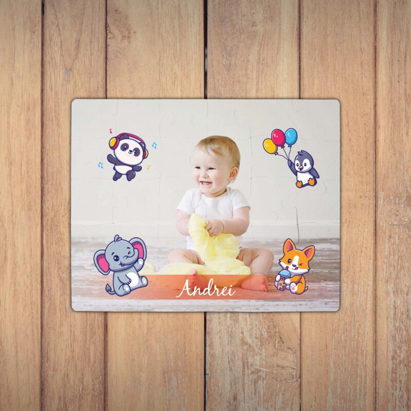 Puzzle Personalizat pentru copii - 30 de piese, 19x24 cm, o poza cu ilustratii si text, PZ020