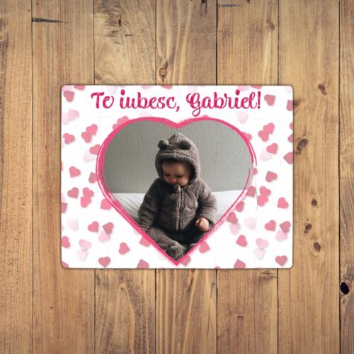 Puzzle Personalizat pentru copii - 30 de piese, 19x24 cm, o poza in forma de inima si text, PZ024