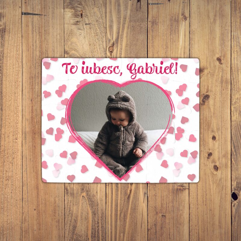 Puzzle Personalizat pentru copii - 30 de piese, 19x24 cm, o poza in forma de inima si text, PZ024