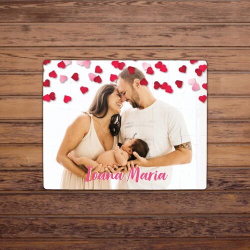 Puzzle Personalizat pentru copii - 30 de piese, 19x24 cm, o poza cu inimioare si text, PZ025