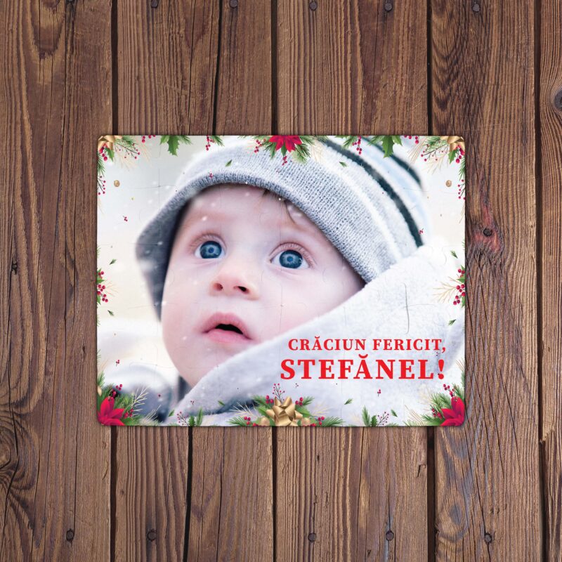 Puzzle Personalizat pentru copii - 30 de piese, 19x24 cm, o poza cu rama de Craciun si text, PZ027