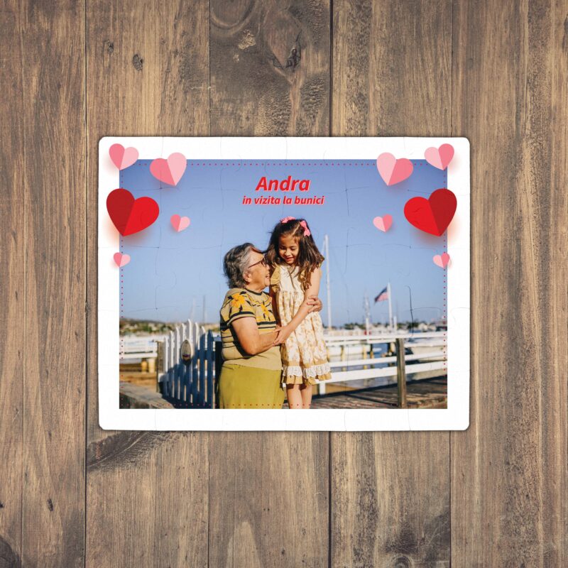 Puzzle Personalizat pentru copii - 30 de piese, 19x24 cm, o poza cu inimioare si text, PZ028