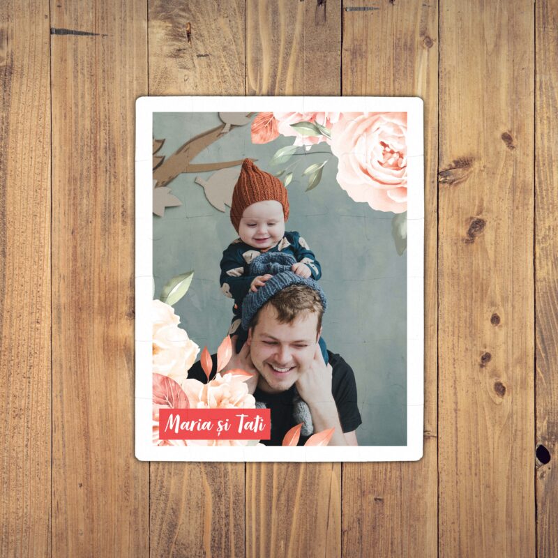Puzzle Personalizat pentru copii - 30 de piese, 19x24 cm, o poza cu flori si text, PZ029