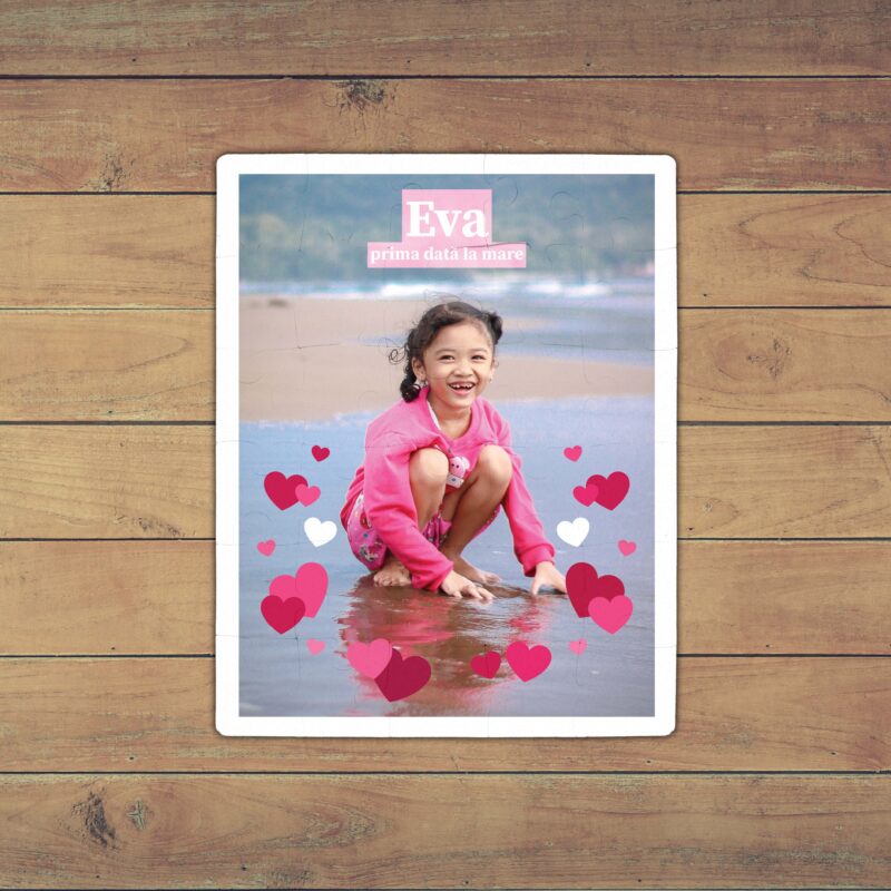 Puzzle Personalizat pentru copii - 30 de piese, 19x24 cm, o poza cu inimioare si text, PZ030